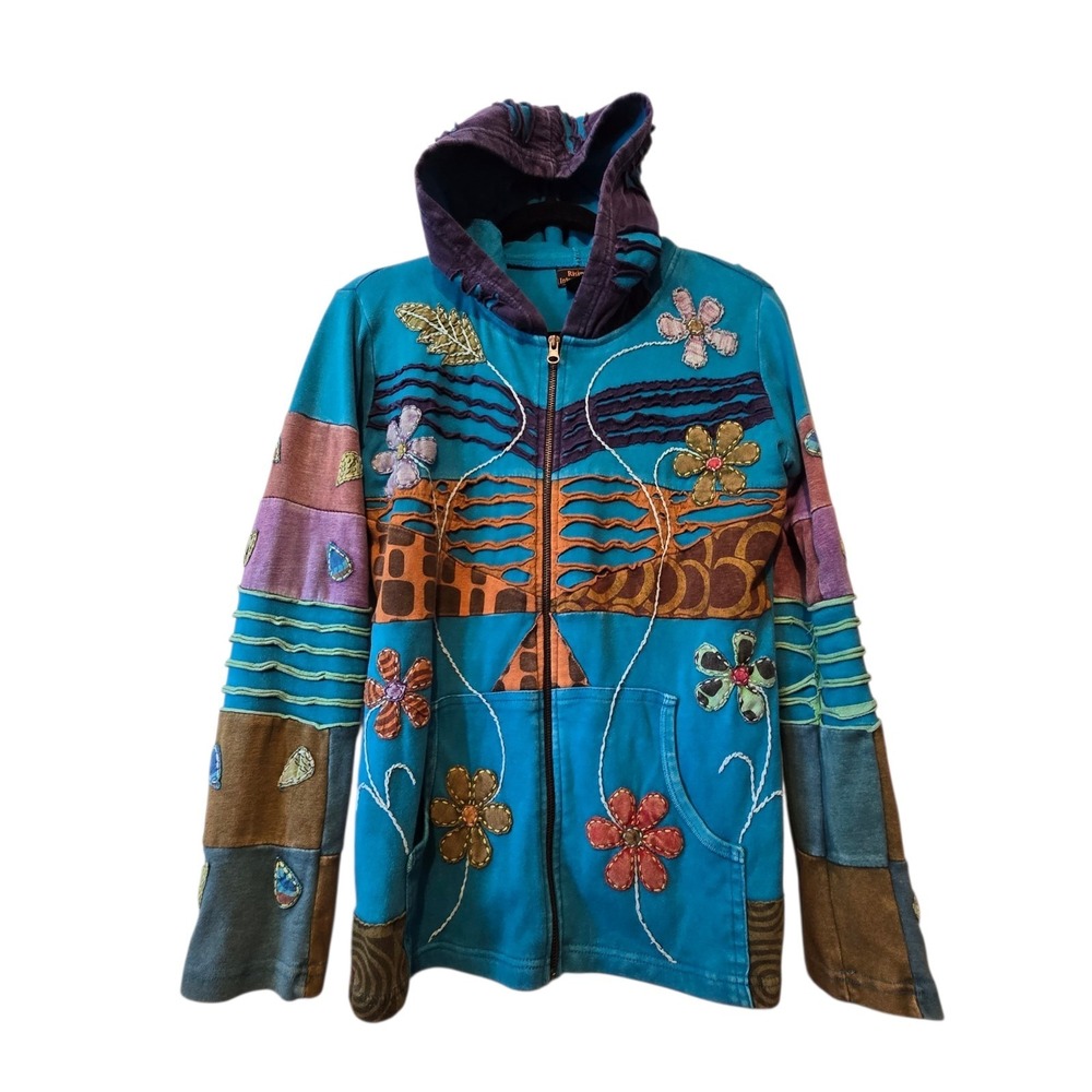 Rising Int'l Artsy Floral Patchwork Hoodie Jacket Women MED Colorful Boho Cotton